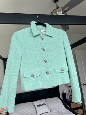 Zara Seafoam Tweed Cropped Blazer with Silver Buttons